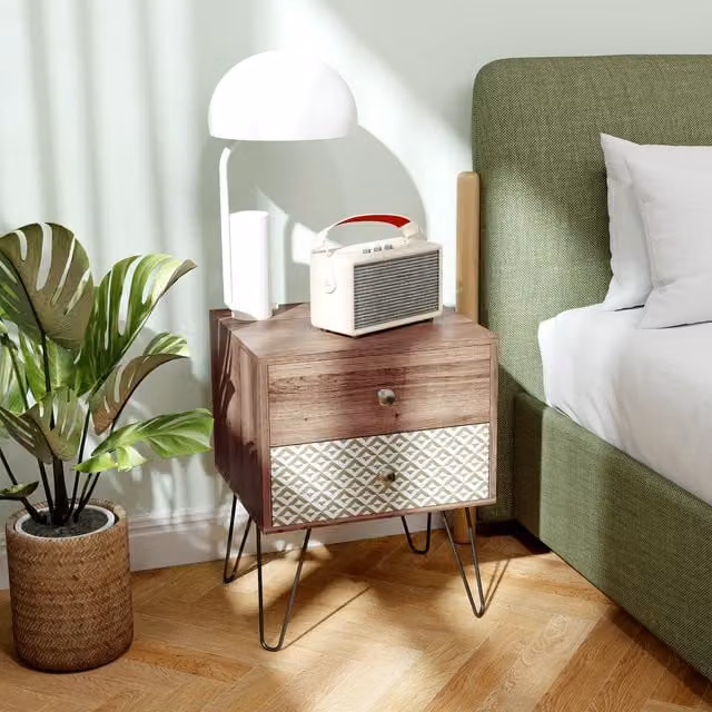 HOMCOM Boho 2 Drawer Bedside Table in Rustic Brown and Black