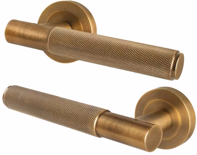 AFIT Antique Brass Knurled Round Rose Internal Door Handles, 1 Pair, Bronze