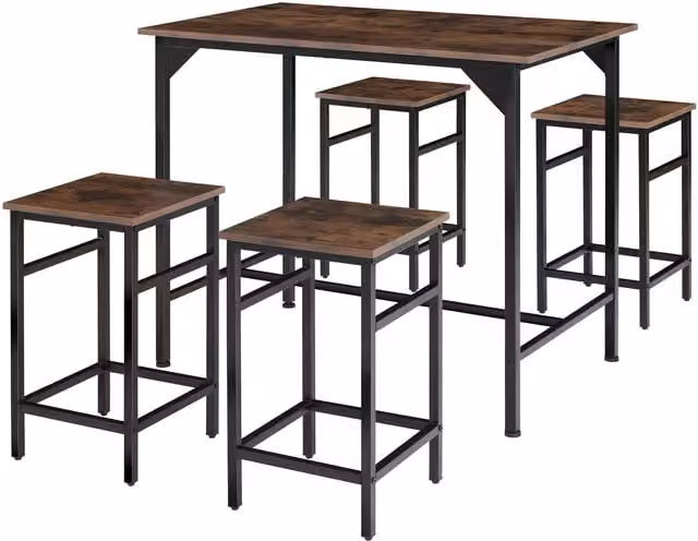 tectake Edinburgh Dining Table and 4 Bar Stools Set in Brown