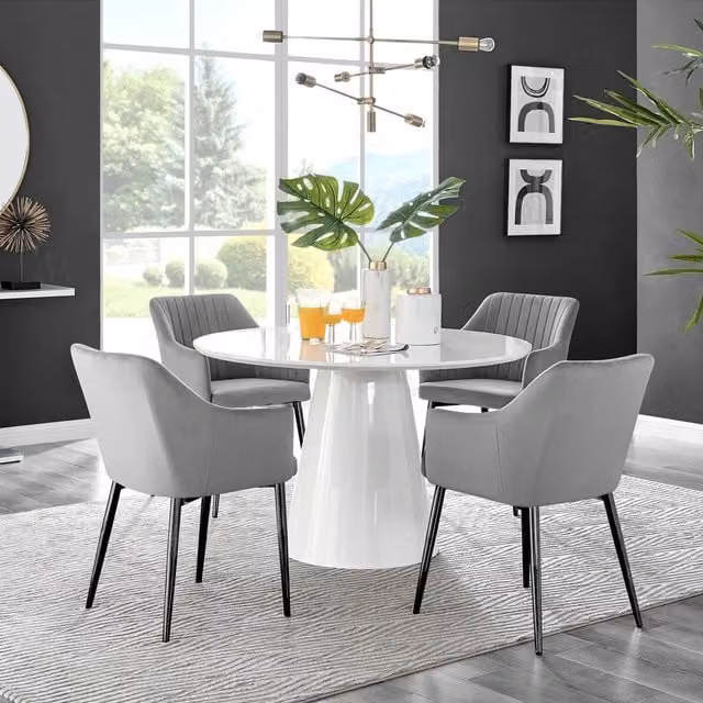 FurnitureboxUK Palma White High Gloss Round Dining Table and 4 Calla Black Leg Chairs in Grey