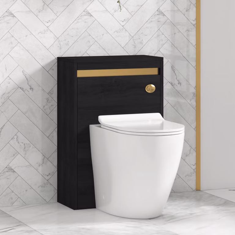 Royal Bathrooms Orion 540mm Hale Black BTW WC Unit with Elva Rimless Short Projection Toilet Pan, Slim Seat and Cistern with Brushed Brass Accent Trim