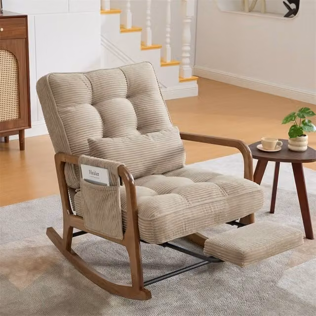 Direct Wicker Corduroy Upholstered Rocker Glider Chair with Footrest and Side Pocket in Medium Beige – 1