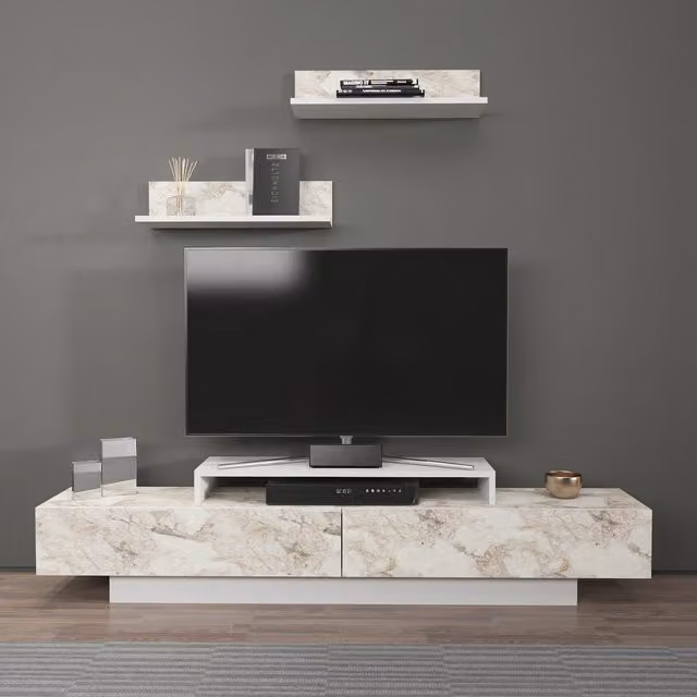 Decorotika Lusi Modern White Marble Effect TV Unit for TVs up to 72 inch, W: 180 cm