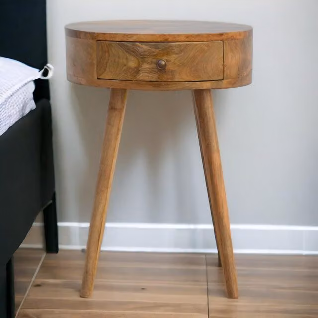 Aosom UK Solid Mango Wood Nordic Round Bedside Table with Drawer, Brown, W/D/H: 40 x 40 x 56 cm – 1