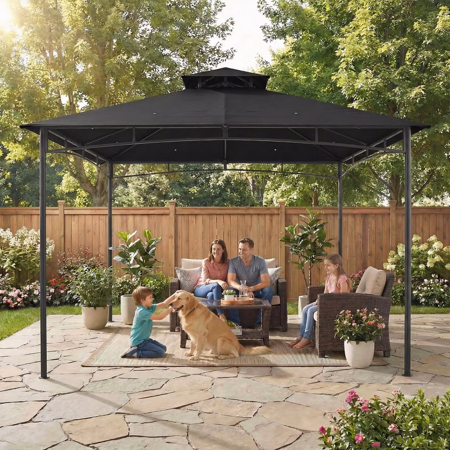 Outsunny Black Garden Gazebo with 2-Tier Hip Roof and Metal Frame, W: 300 cm, D: 300 cm, H: 285 cm – 8