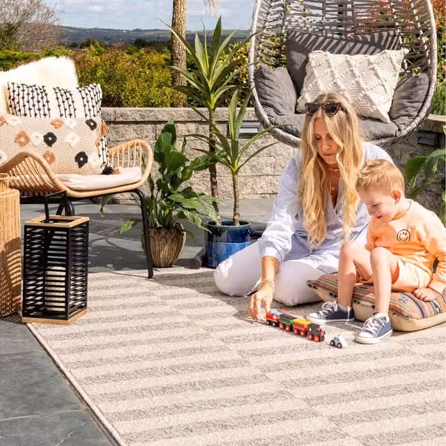 Souci Grey Stripe Outdoor Rug in Silver and Beige, 150 cm