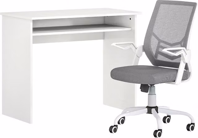 HOMCOM Modern Home Office Furniture Set with Computer Desk, Storage Shelf and Ergonomic Mesh Chair in White and Grey