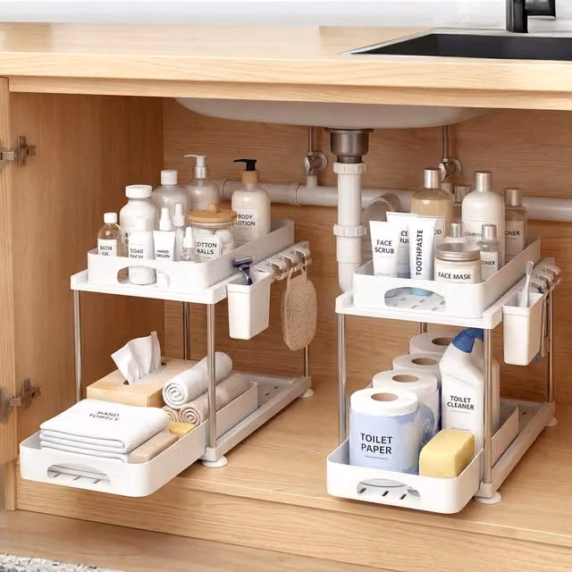 TOQUE Set of 2 White Under Sink Organisers with Two Slide-Out Drawers