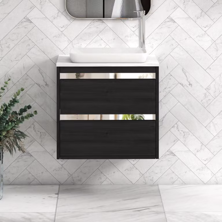 Royal Bathrooms Orion 600mm Hale Wall Hung Vanity Unit in Black with Carrara White Qubix Basin and Chrome Accent Trim
