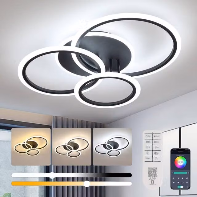 Goeco Modern LED Ring Ceiling Light, Dimmable Acrylic Flush Mount Fixture with Remote Control, Black – 1