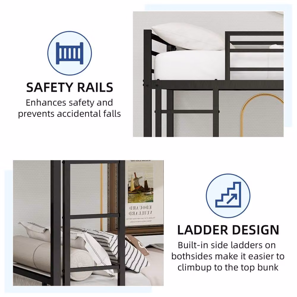 Matteo Black Metal Industrial Bunk Bed with Safety Railing and Ladder, Single Size – 4