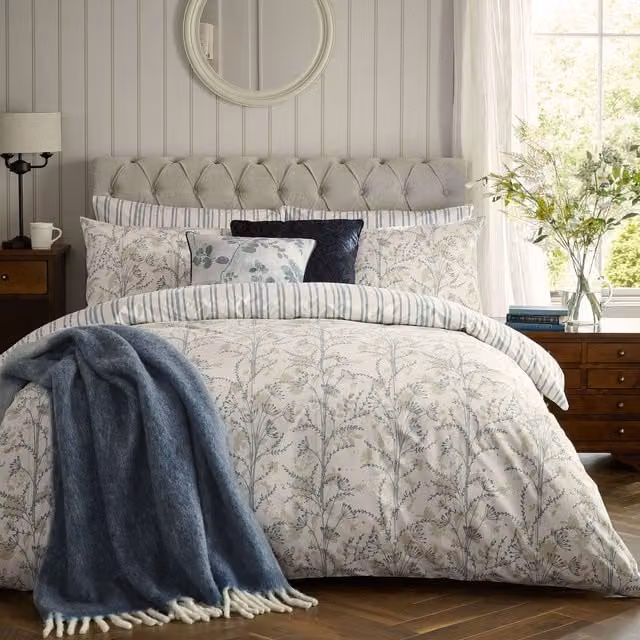 Laura Ashley Fennelton Reversible Floral Cotton Percale Duvet Cover and Pillowcase Set in Blue, White and Beige
