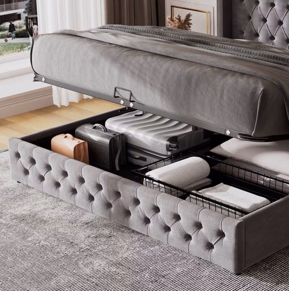 STILVORA Grey Velvet Upholstered King Size Bed with Lift-Up Storage W/D/H: 150 x 200 x 300 cm – 5