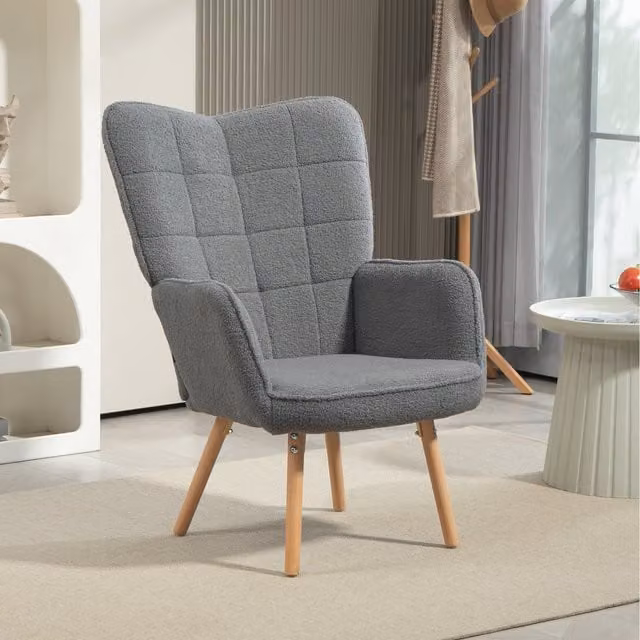 HOMCOM Modern Grey Bouclé and Velvet Wingback Tub Armchair with Wood Legs