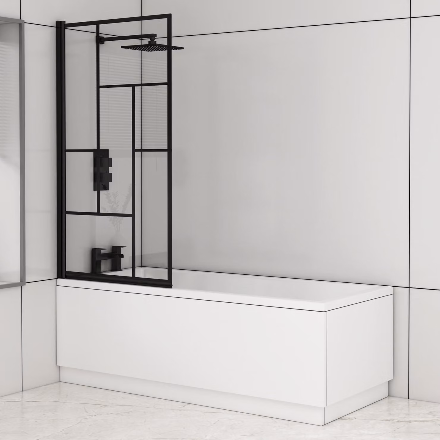 Royal Bathrooms Cesar Square Single-Ended Acrylic Bath Tub with Black Abstract Grid Screen in White and Black