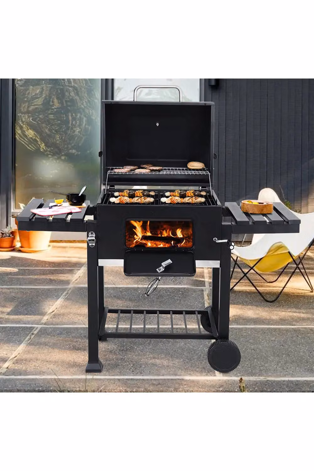 Living and Home Portable Charcoal BBQ Grill in Black, Heavy Duty Carbon Steel Barbecue Stove with Warming Rack, Thermometer and Wheels – 2