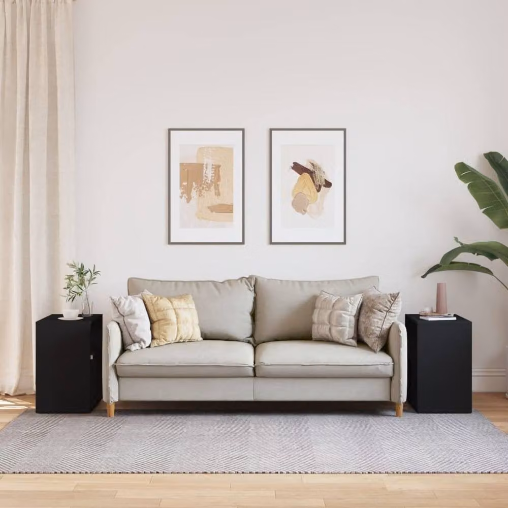 Berkfield Home Set of 2 Black Minimalist Square Side Tables in Matt MDF, W/D/H: 50 x 30 x 50 cm