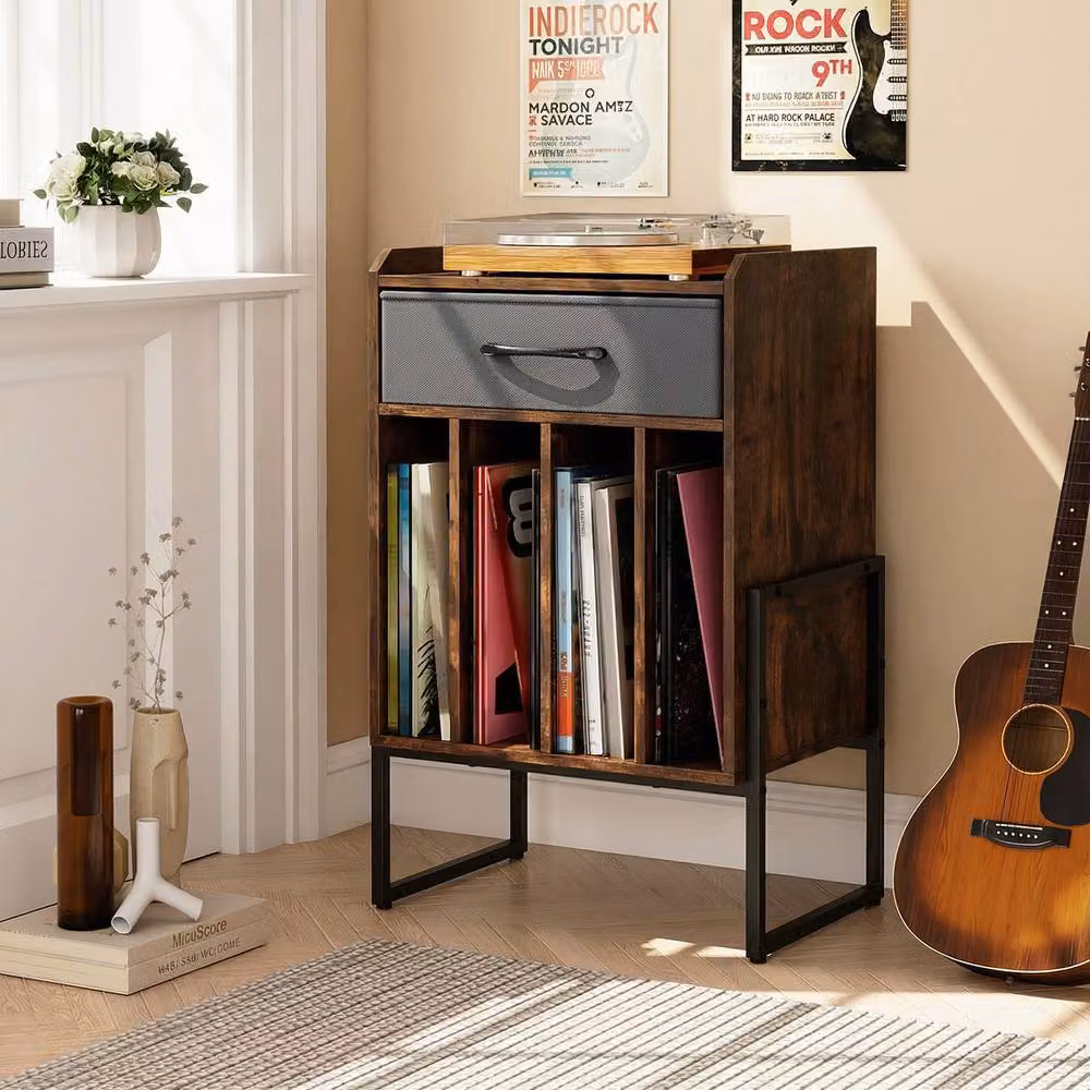 Gymax Industrial Metal Turntable Stand and Vinyl Record Holder Shelf in Brown – 3
