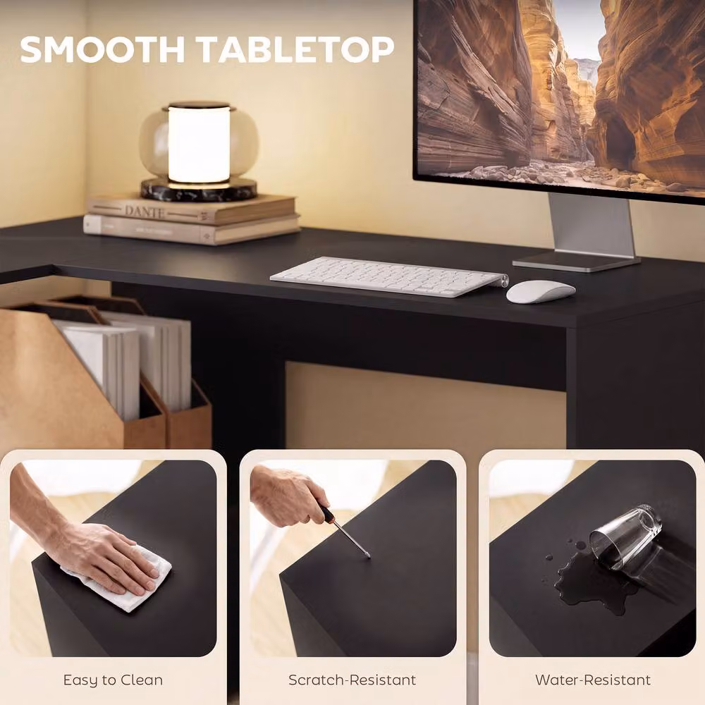 HOMCOM Modern L-Shaped Corner Desk with Fabric Drawer in Black – 6