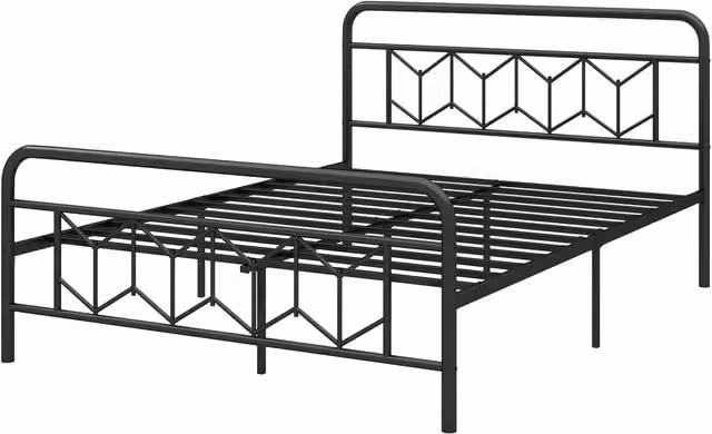 COSTWAY Modern Metal Platform Bed with High Geometric Headboard in Black, W/D/H: 180 x 200 cm