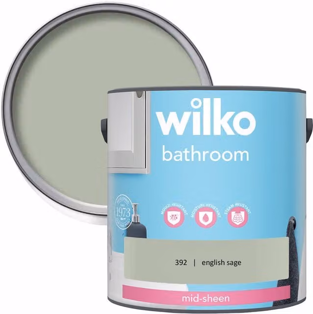wilko Mould Resistant Mid Sheen Bathroom Emulsion Paint, Green, 2.5 l
