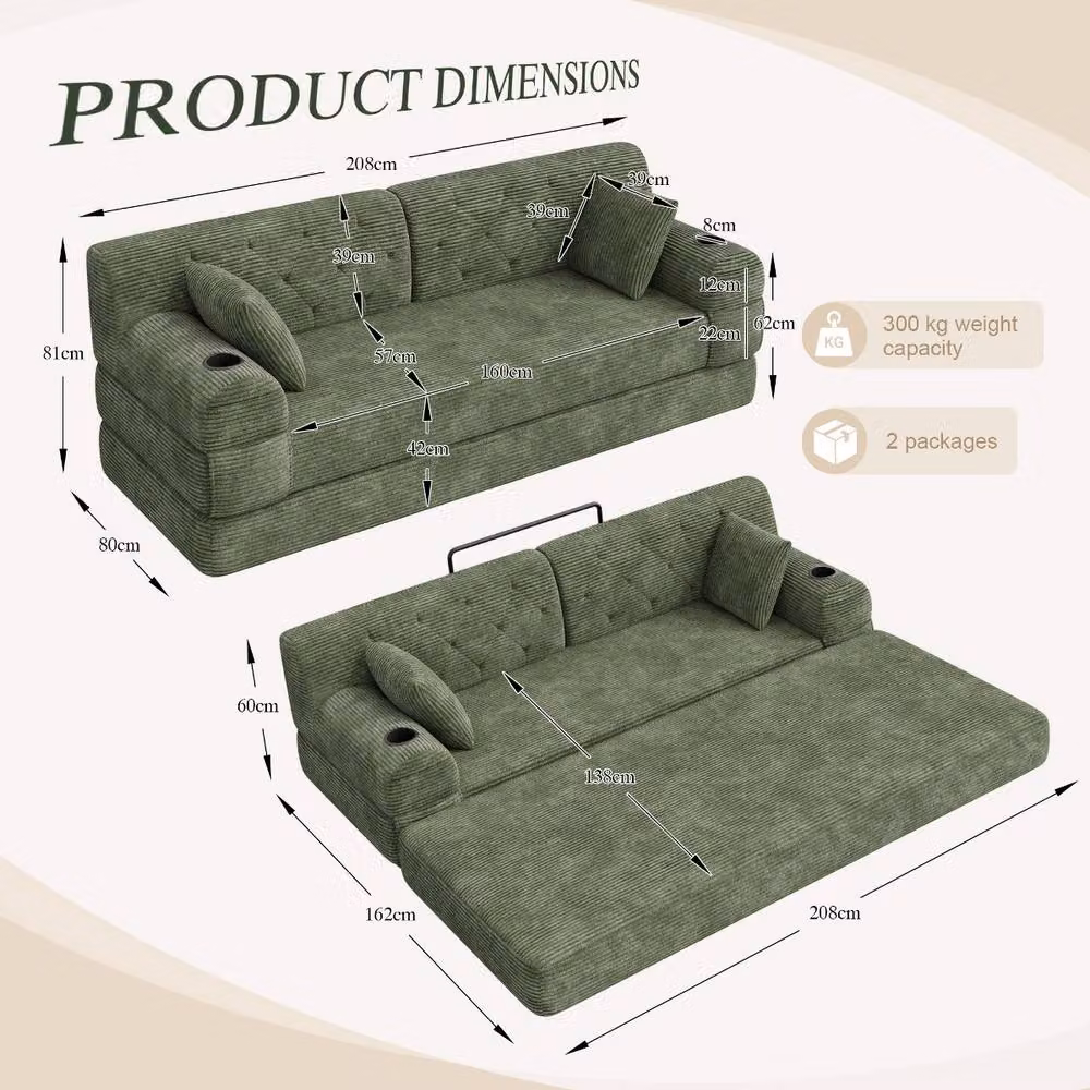 Rolipo Green 3-Seater Corduroy Sleeper Sofa with High Back and Cup Holders – 2