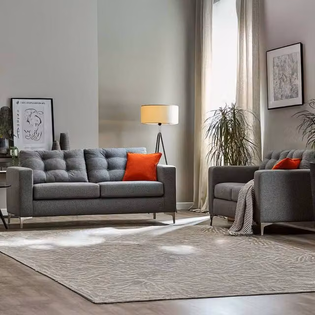 Furnishings For Less UK Smart Hackney Fabric Sofa Suite with 3 Seater and 2 Seater Sofas in Sapphire Blue or Pewter Grey – 1