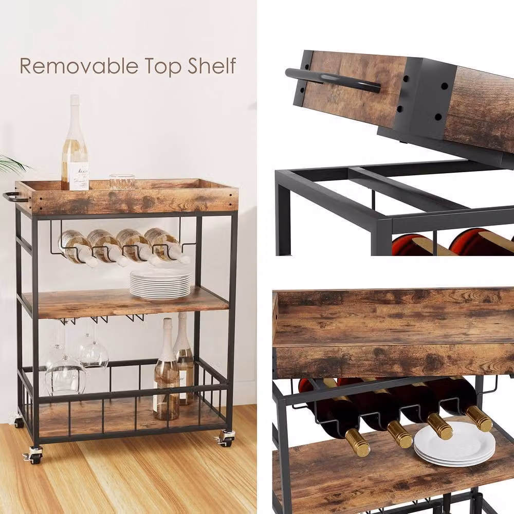 Huhote Brown Bar Cart with Wine Rack and Glass Shelves and Wheels – 4