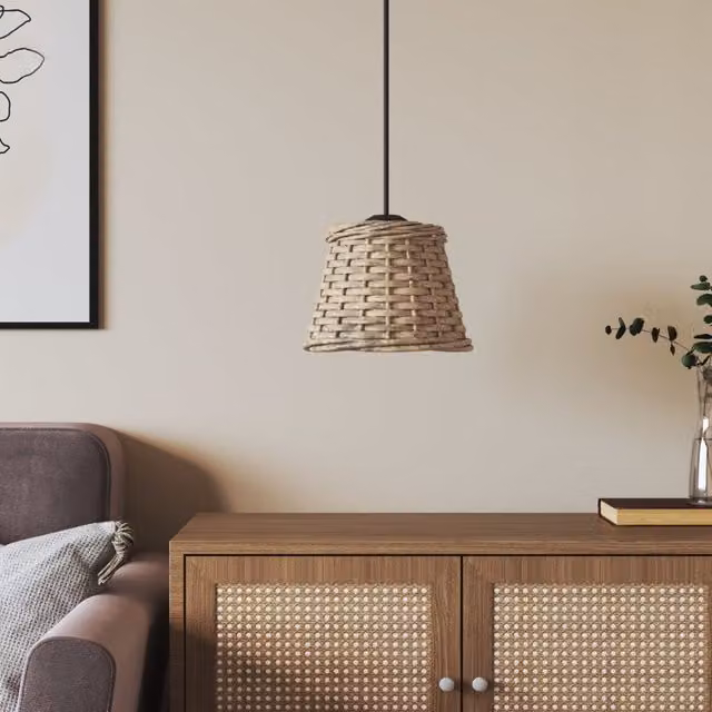 Berkfield Home Brown Wicker and Metal Cone Ceiling Lamp Shade, W/D/H: 15 x 15 x 12 cm – 1