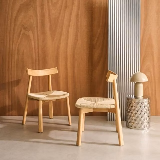 sweeek Set of 2 Scandinavian Rubberwood Dining Chairs with Beige Cord Seats