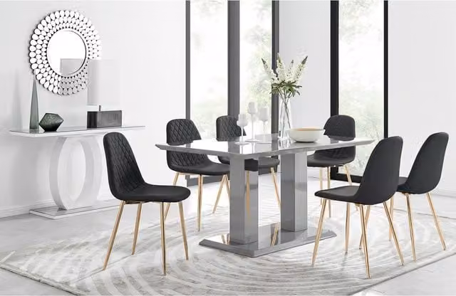 FurnitureboxUK Imperia Grey Glass Rectangular Dining Table and 6 Corona Gold Leg Chairs in Black
