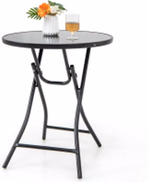 Costway Folding Round Patio Bistro Table with Black Tempered Glass Toptop