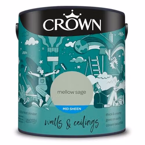 Crown Mellow Sage Mid Sheen Emulsion for Walls and Ceilings, 2.5 l, Green
