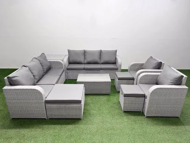 Fimous PE Rattan High Back Lounge Sofa Set in Light Grey with 3 Seater Sofa, Reclining Chair, 3 Stools, Coffee Table and Ottoman