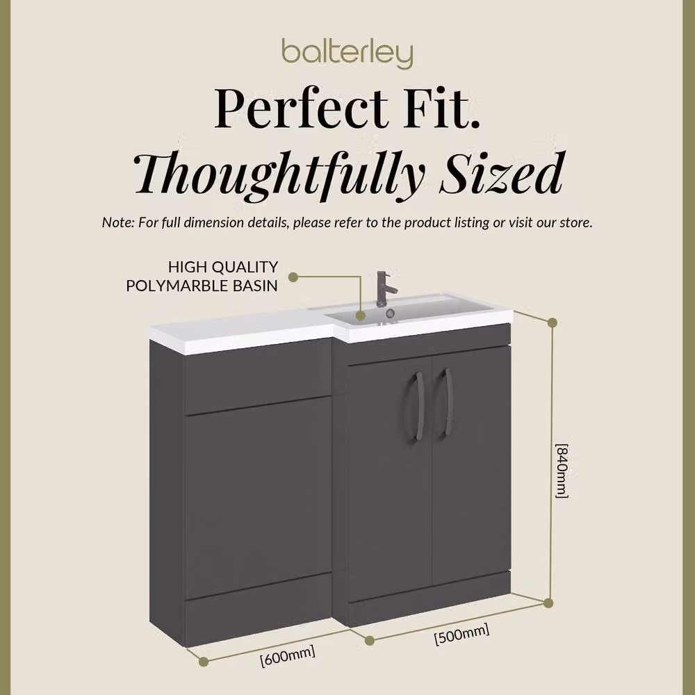 Balterley Modern Grey Freestanding Right-Hand Vanity and WC Unit Combination with Soft-Close Hinged Doors, Width: 110 cm – 4