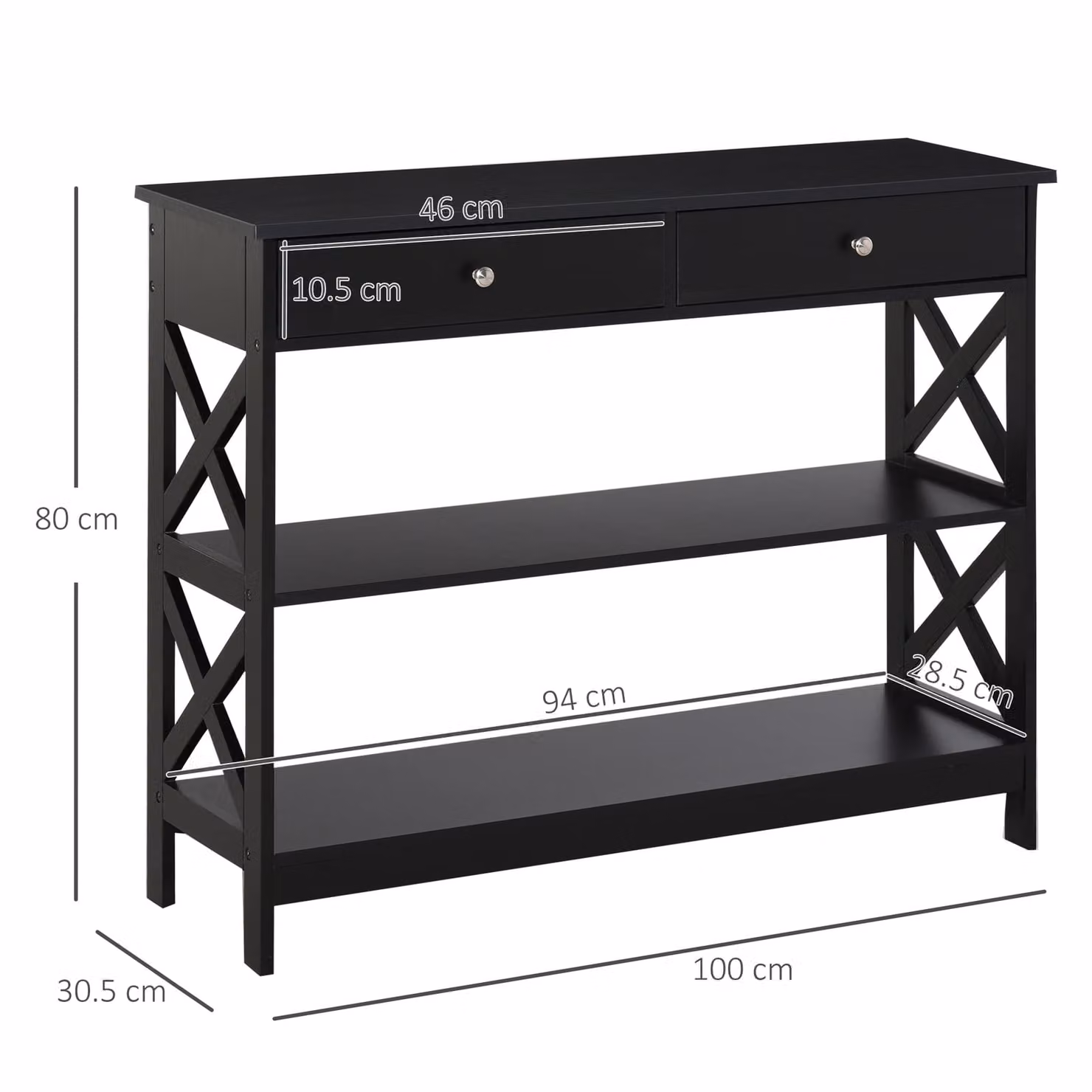 HOMCOM Black Console Table with Shelves, Drawers and X-Frame Support for Living Room, Hallway or Home Office – 3
