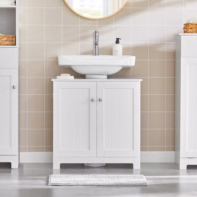 SoBuy White Under Sink Bathroom Cabinet with Hinged Doors and Internal Shelves, Height: 60 cm