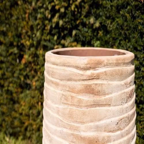 Primrose Tall Round Ribbed Terracotta Planter in Beige, Height: 59 cm – 4