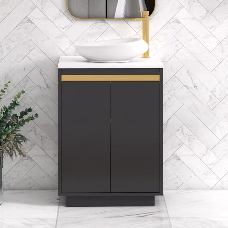 Royal Bathrooms Orion 600mm Floor Standing 2 Door Vanity Unit with Nova Basin in Matt Obsidian Black and Plain White with Brushed Brass Accent Trim
