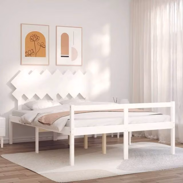Berkfield Home Solid Wood Bed Frame with Headboard in White, W/D/H: 140 x 190 cm