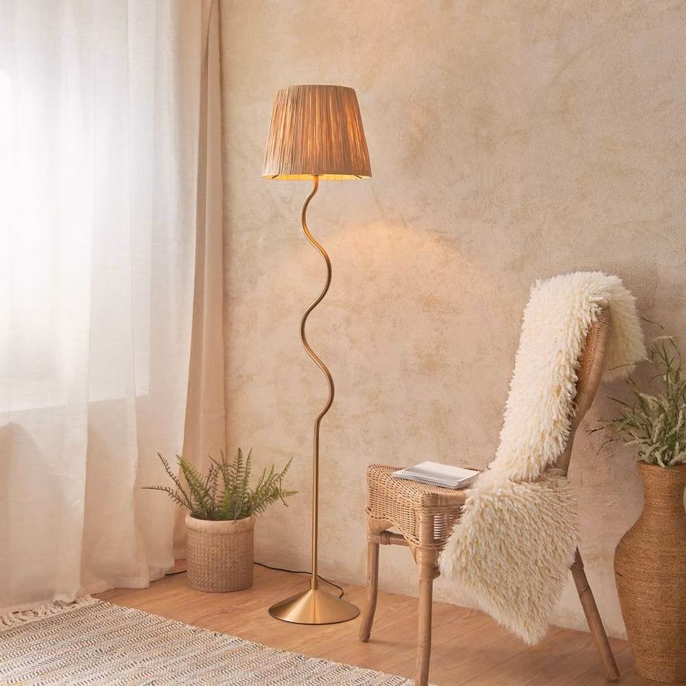 Netlighting Wriggle Floor Lamp with Tapered Rattan Shade in Gold and Beige, E27 – 2