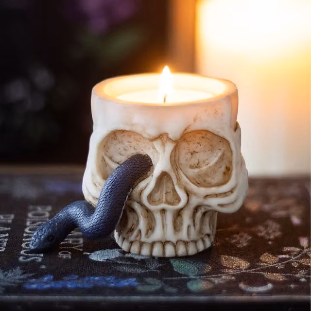 Kingsbury Gifts White Ceramic Skull and Snake Tealight Holder