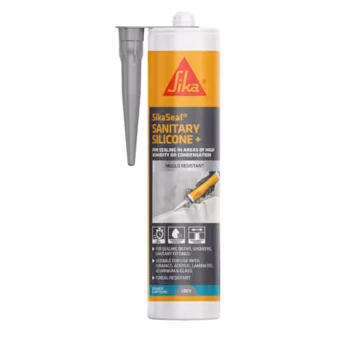 Sika SikaSeal Sanitary Silicone + Mould Resistant Waterproof Sealant, Grey, 295ml
