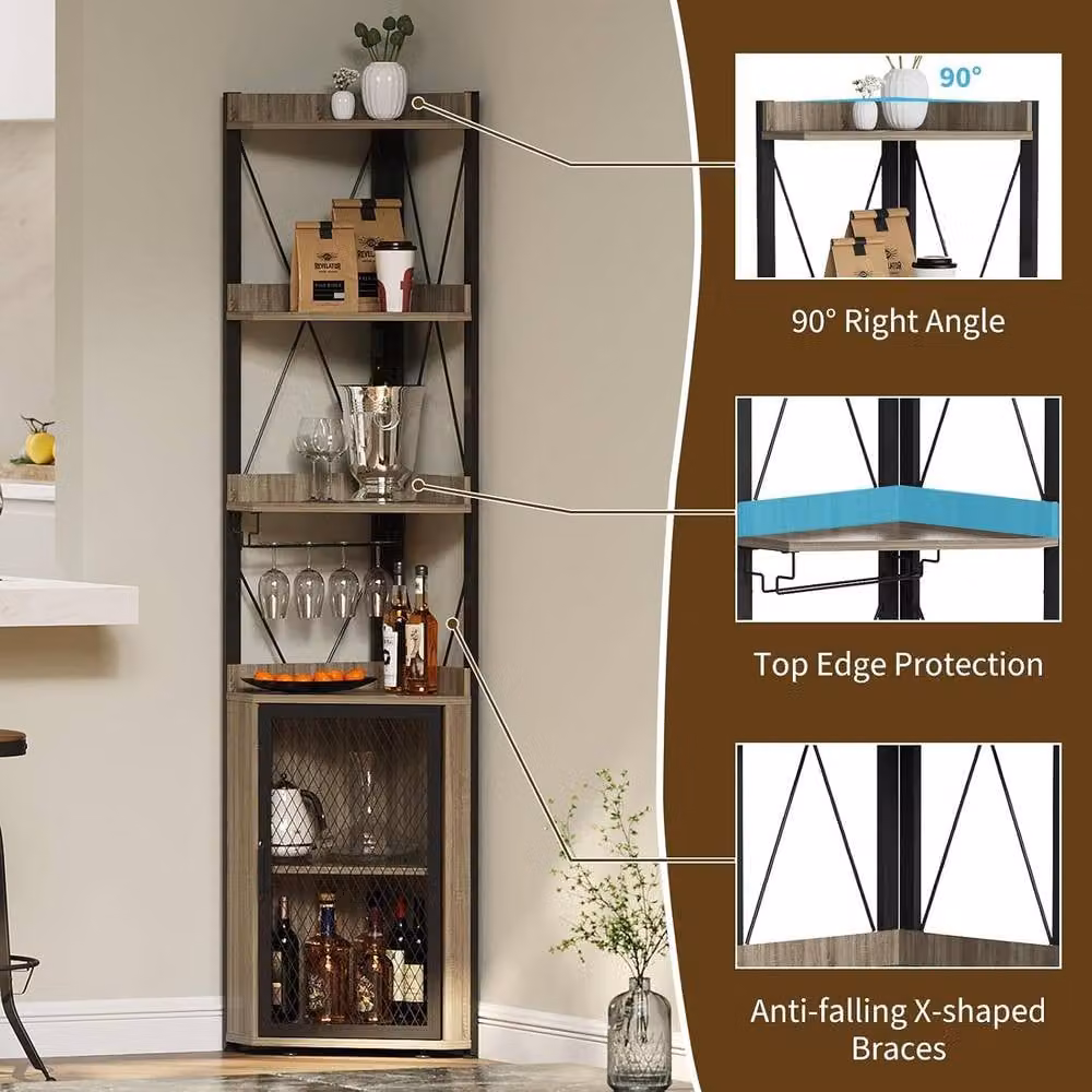 London Boutique Industrial Corner Bar Cabinet and Wine Storage Sideboard in Grey and Black with Glass Doors and Glass Holder, Height: 178 cm – 5