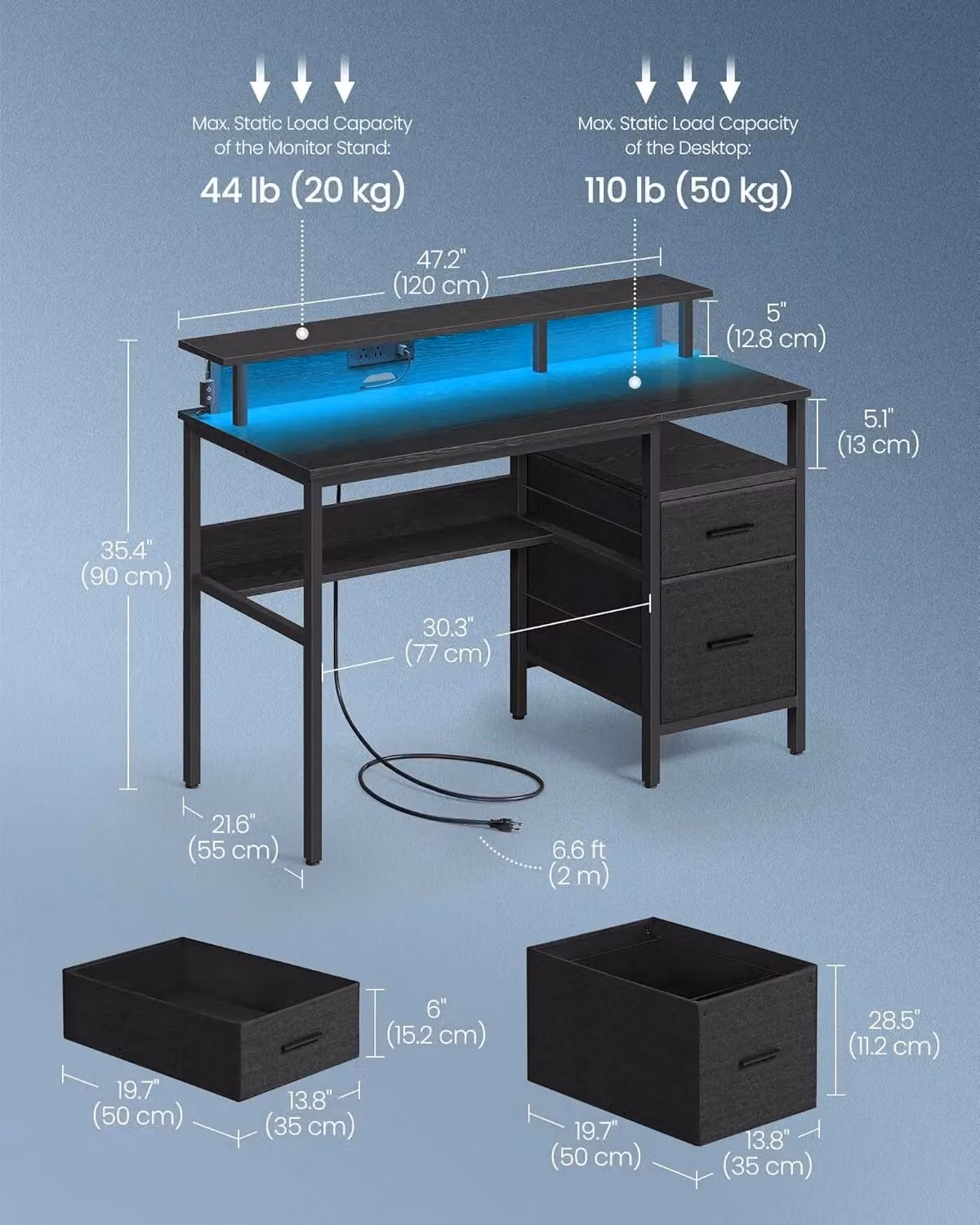 VASAGLE Computer Home Office Desk in Black with Monitor Stand and USB Ports – 2