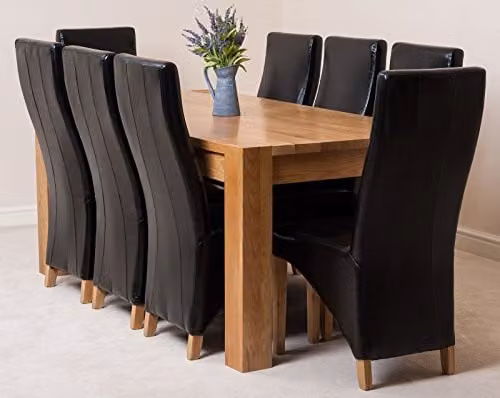 Thats Furniture Kuba Oak Dining Table and 8 Lola Black Leather Chairs Set, W: 180 cm, D: 90 cm, H: 78 cm – 1