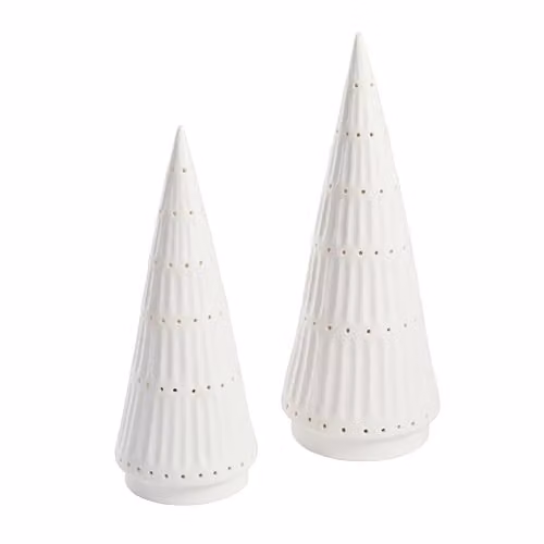 Lights4fun Set of 2 White Ceramic LED Light Up Christmas Tree Tabletop Decorations – 2