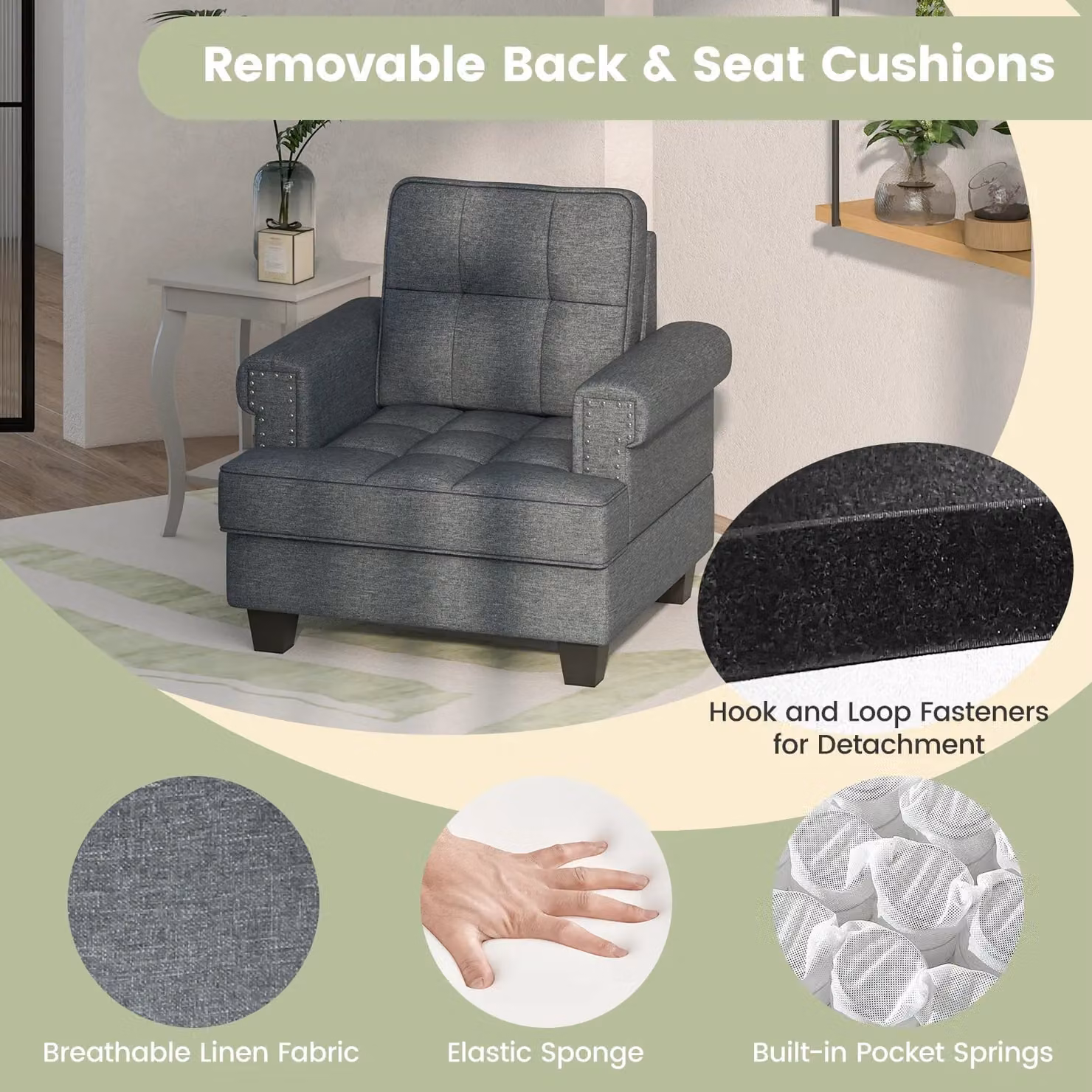 Costway Modern Tufted Accent Armchair in Grey Upholstered Linen with Solid Wood Frame – 3