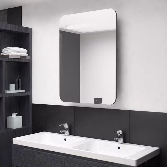 Berkfield Home Grey LED Bathroom Mirror Cabinet with Internal Shelves, W/D/H: 60 x 11 x 80 cm – 1
