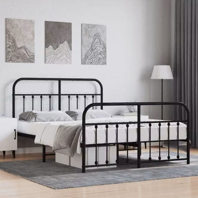 Berkfield Home Metal Bed Frame with Headboard and Footboard in Black, W/D/H: 150 x 200 cm